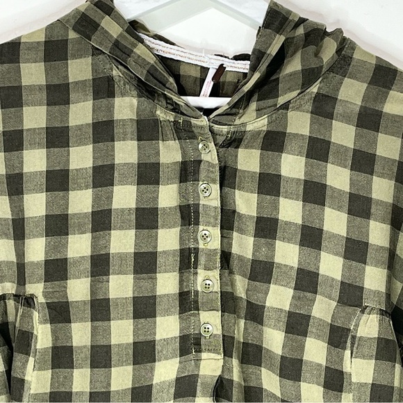 Free People Plaid Checker Hooded Cropped Long Sleeves Green Oversized Top Rare - Picture 4 of 7